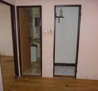 Interior of a two-room apartment with a wooden decor floor and a view of the bathroom.