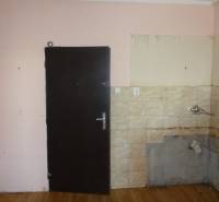 A small two-room apartment with an old sink, a wooden decor floor, and dark doors.