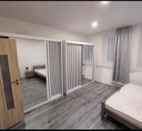 Bedroom with a bed, cabinet, and mirrored wardrobe, floor with wood decor.