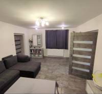 Living room in a family house with a sofa and a cabinet, floor with wood decor.