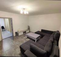 Living room in a family house with a corner sofa and a table, floor with wooden decor.