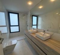 A bathroom in a 3-room apartment with a shower and wooden decor on the sink.
