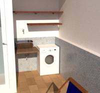 Laundry room in a family house with a washing machine, shelves, and a wooden decor floor.