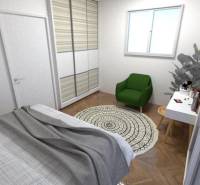 Bedroom in a family house with furnishings, a view from the window, and a floor with a wooden decor.