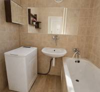 Bathroom in a studio apartment with a washing machine, bathtub, and floor with wood decor.