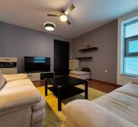 Living room in a two-room apartment with a comfortable sofa and television, wooden decor flooring.