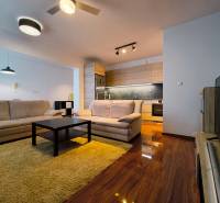 Living room in a two-room apartment with a wooden decor floor and neutral furniture.