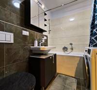 Bathroom with dark tiles, a washing machine, and a shower in a 2-room apartment.