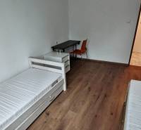 A room in a 2-bedroom apartment with two beds and a floor with a wooden decor.