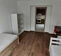 A room in a 2-room apartment with a wooden decor floor, a bed, and a desk.