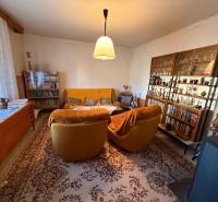 A living room in a family house with antique furniture, bookshelves, and glasses.