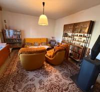 Living room in a family house with carpeted floor, seating furniture, bookshelves, and a fireplace stove.