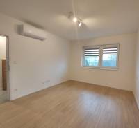 An empty room in a one-room apartment with wood-patterned flooring and air conditioning.