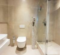 A bathroom in a 4-room apartment with white sanitary ware and a shower corner.