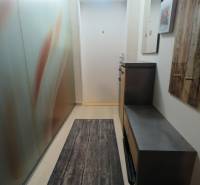A narrow hallway with lockers, a mirror, and a carpet, a floor with a wooden decor, a 4-room apartment.