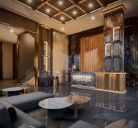 Luxury reception with wood-patterned flooring within the construction of apartments.