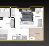 Floor plan of a 2-room apartment with a kitchen, living room, dining room, bedroom, and balcony.