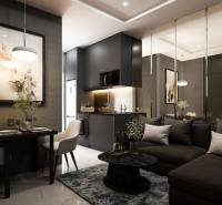 Luxury interior of a 2-room apartment with elegant furniture and artistic accessories.