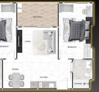Floor plan of a 3-room apartment with two bedrooms, a kitchen, a living room, and a balcony.