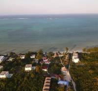 Aerial view of the Paje coastline in Zanzibar South East with hotel and guesthouse facilities.