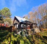 chata na predaj, drevenica, rekreačná nehnuteľnosť, výhľad na jazero, pri lese, tiché prostredie, súkromie, jesenná príroda.