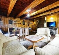 priestranná obývačka, krb, chatový štýl, kožené sedenie, drevený interiér, spoločenská miestnosť, jedálenský kút.