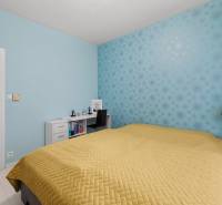 A bedroom with a blue wall, a bed, a desk, and flowers in a 3-room apartment.