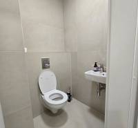 A bathroom with a wall-mounted toilet and a sink in a 3-room apartment.