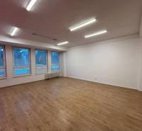 Offices with light walls and wooden decor flooring, large windows.