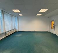 An empty office with windows along the entire wall and a green carpet.
