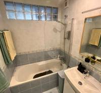 Bathroom in a 2-room apartment with a bathtub, sink, and tiles in shades of gray.