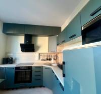 A kitchen in a 2-room apartment with blue cabinets and a wooden decor floor.