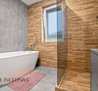 A bathroom in a 3-room apartment with a shower corner and a wooden decor floor.