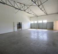 Spacious interior of warehouses and halls with concrete floors, white walls, and a metal ceiling.