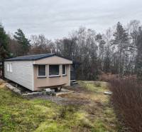 A wooden cottage on Main Street in Nova Kelca surrounded by trees and a grassy plot.
