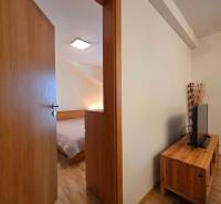 Recreational apartment with wood decor flooring, view of the bedroom and living wall.