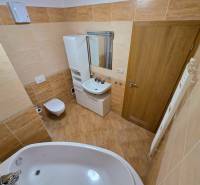 Bathroom in a holiday apartment with a bathtub, sink, and toilet. Floor with wood decor.