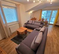 Living room with sofas and a coffee table in a holiday apartment with wood-patterned flooring.