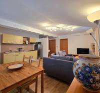 Living room with a kitchenette in a holiday apartment, floor with wood decor.