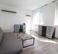 Living room in a two-room apartment with a sofa, glass table, and wooden decor flooring.