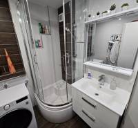 A bathroom in a 3-room apartment with a washing machine, shower, and sink.