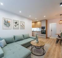 Living room with kitchen in a 2-room apartment with a wooden decor floor and a green sofa.