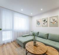 Living room in a 2-room apartment with a sofa, paintings, and a wooden-patterned floor.