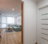 Living room in a two-room apartment with a sofa, tables, and a wooden decor floor.