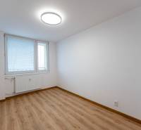 An empty room with white walls and a wooden-patterned floor in a two-room apartment.