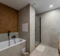 A bathroom in a 3-room apartment with a bathtub, shower, and wooden decor on the wall.