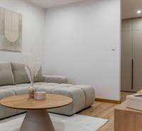 Living room in a 3-room apartment with a sofa and a coffee table, floor with wood decor.