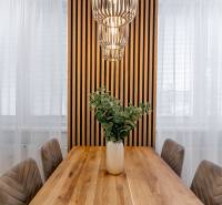 Dining table with a plant, lights, and wooden paneling in a 3-room apartment.
