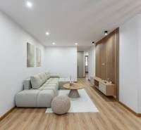 A bright living room with wood-patterned flooring in a 3-room apartment, minimalist sofa and decorations.