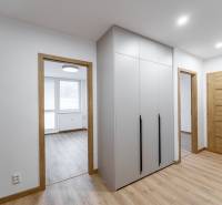 A hallway in a 3-room apartment with a wooden decor floor, a cabinet, and interior doors.